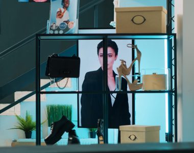 Empty trendy clothing store selling fashionable items and shoes, filled with new casual or formal merchandise. Shopping center boutique having fashion collection on racks, bags on display. Camera A.